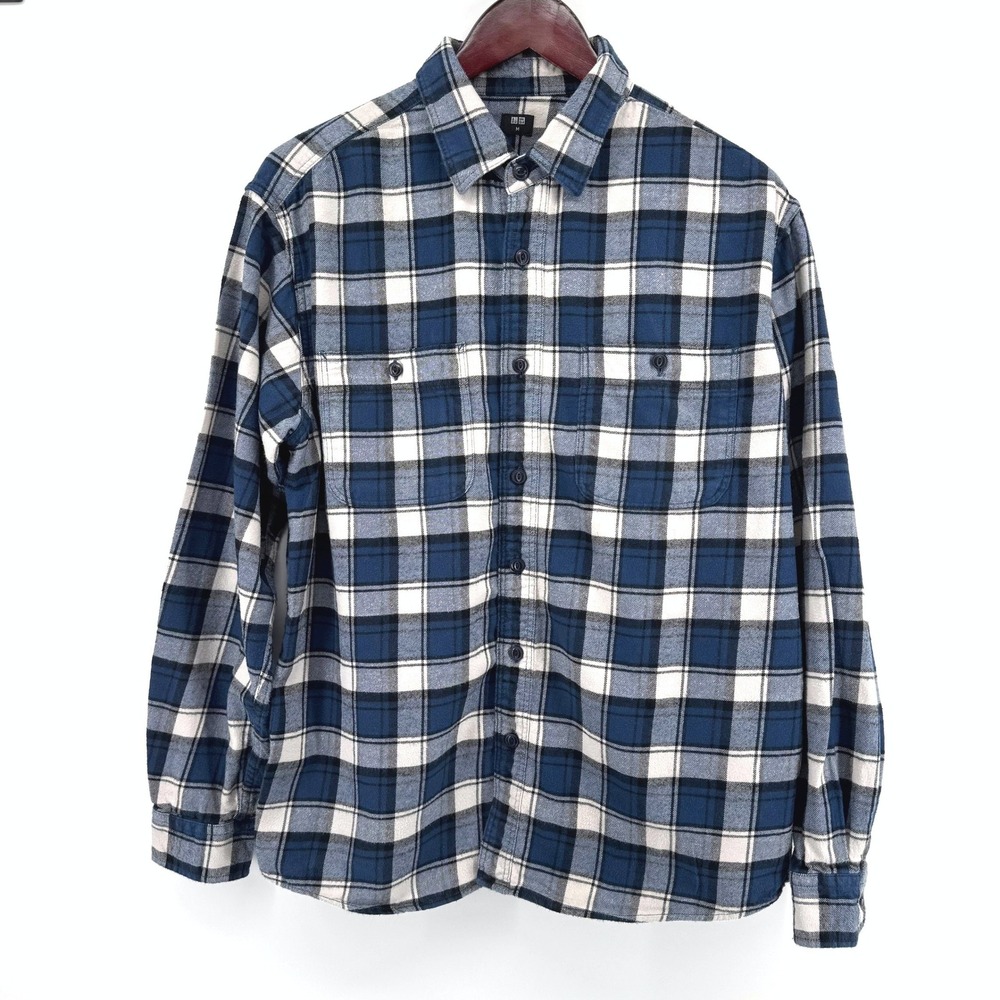 Uniqlo Flannel Shirt Men M Blue White Plaid Button Down Gorpcore Lumberjack Top